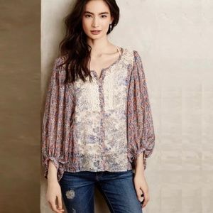 Anthropologie HD in Paris Chinoiserie Floral Asian Boho Peasant Blouse Size 12